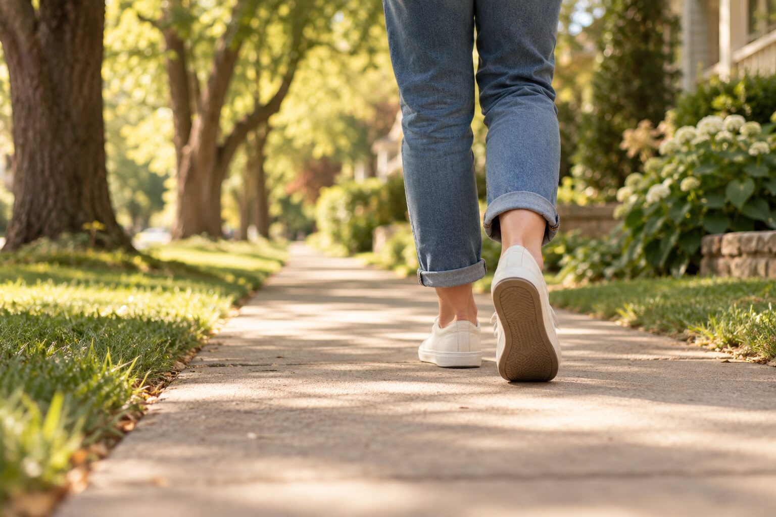 Person in jeans and white sneakers walking along a leafy sidewalk, the regular movement the habit advice keeps returning to.