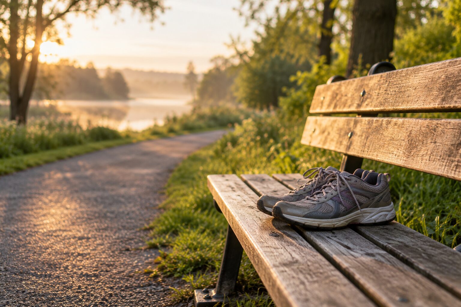 Walking shoes resting on a wooden bench beside a riverside path at sunrise, a cue for the everyday walking habits this journal reviews.