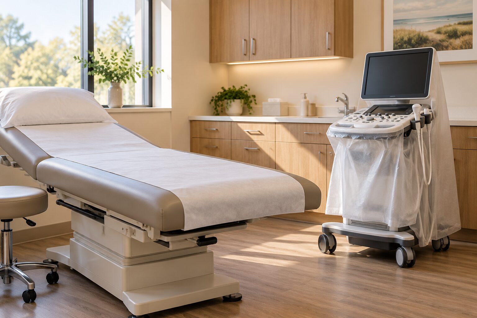 Bright outpatient treatment room with a padded table and an ultrasound cart, the kind of room where a vein ablation takes place.